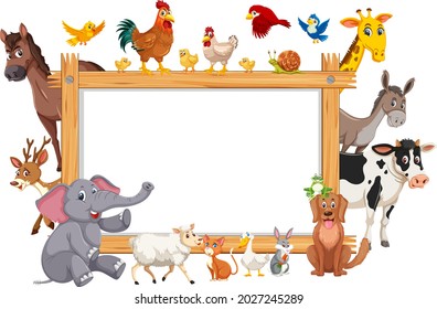 Empty wooden frame with various wild animals illustration