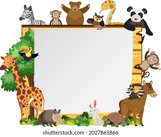 Empty wooden frame with various wild animals illustration
