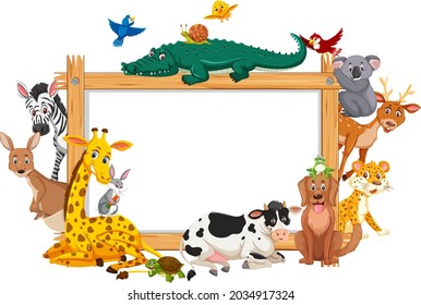 Empty wooden frame with various wild animals illustration