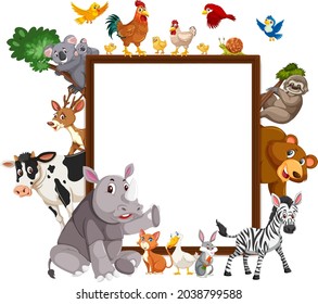 Empty wooden frame with various wild animals illustration