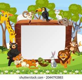 Empty wooden frame with various wild animals in the forest illustration