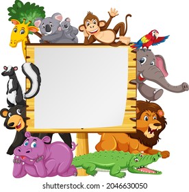 Empty wooden frame with various wild animals illustration