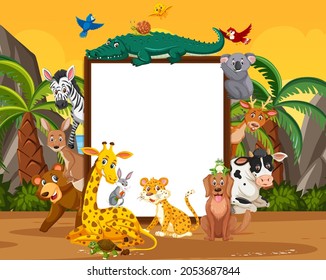 Empty wooden frame with various wild animals in the forest illustration