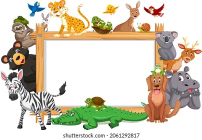 Empty wooden frame with various wild animals illustration