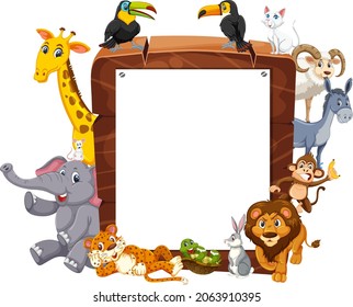Empty wooden frame with various wild animals illustration