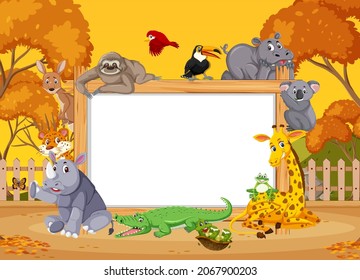 Empty wooden frame with various wild animals in the forest illustration