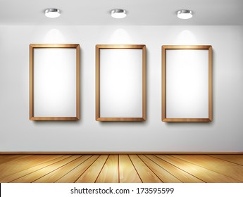 Empty wooden frames on wall with spotlights and wooden floor. Vector illustration. 