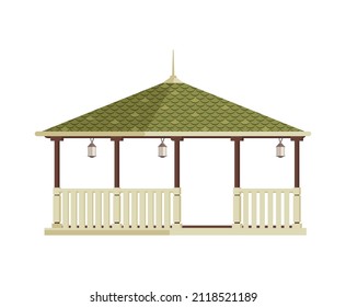 Empty wooden gazebo with lanterns flat icon on white background vector illustration