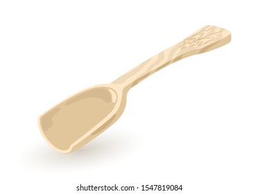 Empty wooden handicraft carving scoop. Plastic food kitchen shovel for measuring of groats, spices, coffee, flour. Kitchenware, cooking utensil. Cartoon vector illustration isolated on white.