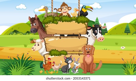 Empty wooden hanging board with various wild animals in the forest illustration