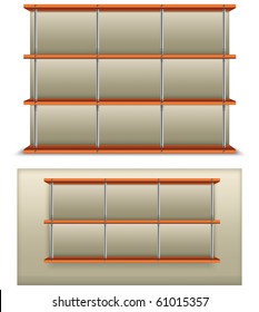Empty wooden and metalic bookshelf, modern vector illustration.