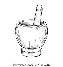 Argamassa de madeira vazia com vetor de pilão ilustração isolada pintada por tintas pretas. Estampagem de utensílios de cozinha para moer especiarias, ervas aromáticas. Moer na tigela para o livro de cozinha, decoração receita homeopática.