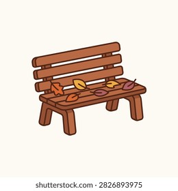 Empty wooden park bench surrounded by vibrant fallen autumn leaves in a tranquil seasonal landscape