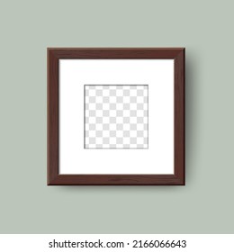 Empty Wooden Photo Frame. Vector Realistic dark brown wood picture frame mockup template with shadow on green wall background. Mock up for poster, photo gallery, painting, presentation, home interior.
