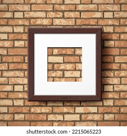 Empty Wooden Photo Frame. Vector Realistic dark brown wood picture frame mockup template with shadow on grunge brick wall background. Mock up for poster, photo gallery, painting, home interior.