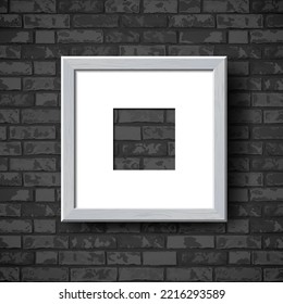 Empty Wooden Photo Frame. Vector Realistic white wood picture frame mockup template with shadow on grunge black brick wall background. Dark mock up for poster, photo gallery, painting, home interior.