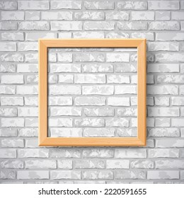 Empty Wooden Photo Frame. Vector Realistic Natural Brown Wood Picture Frame Mockup Template With Shadow On Grunge Grey Brick Wall Background. Mock Up For Poster, Photo Gallery, Home Interior, Painting