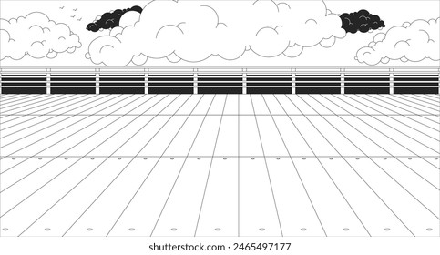 Empty wooden pier black and white line illustration. Place to rest. City embankment with spacious ground 2D landscape monochrome background. Waterfront on sea coast outline scene vector image