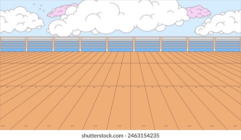 Empty wooden pier cartoon flat illustration. Place to rest. City embankment with spacious ground 2D line landscape colorful background. Waterfront on sea coast scene vector storytelling image