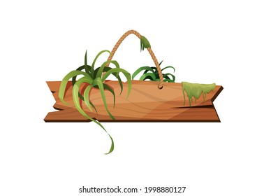 Empty wooden plank hanging on ropes with tropical leaves. Retro banners for game. Cartoon vector illustration.