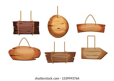 Empty wooden planks hanging on ropes. Set of vintage, retro banners. Vector illustration.