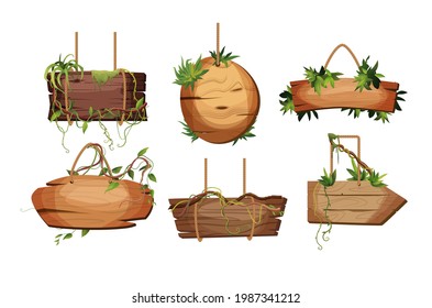 Empty wooden planks hanging on ropes with liana branches and tropical leaves. Set of vintage, retro banners for game. Cartoon vector illustration.