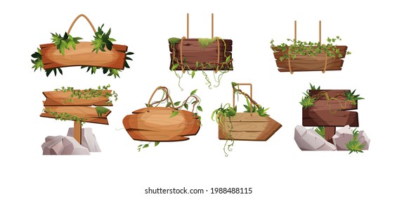 Empty wooden planks hanging on ropes with liana branches and tropical leaves. Set of vintage, retro banners for game. Cartoon vector illustration.