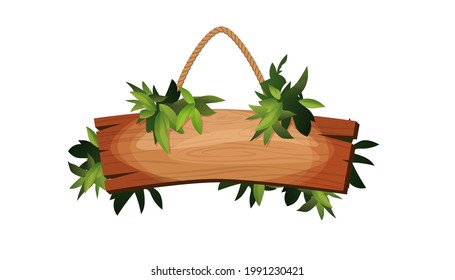 Empty wooden planks hanging on ropes with tropical leaves. Retro banners for game. Cartoon vector illustration.
