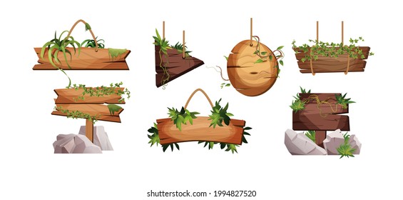 Empty wooden planks hanging on ropes with liana branches and tropical leaves. Set of vintage, retro banners for game. Cartoon vector illustration.