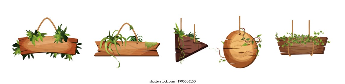 Empty wooden planks hanging on ropes with liana branches and tropical leaves. Set of vintage, retro banners for game. Cartoon vector illustration.