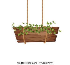Empty wooden planks hanging on ropes with ivy branches. Banner for game. Cartoon vector illustration.