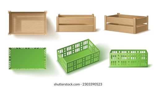 Empty wooden and plastic crates. Realistic boxes for bottles, containers for fruits and vegetables, warehouse storage equipment, warehouse merchandise, 3d isolated elements, utter vector set