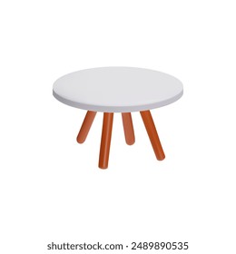 Empty wooden or plastic table with round white countertop 3D plastic style icon. Volumetric modern circle desk stand for office or home. Cartoon furniture interior design element isolated on white