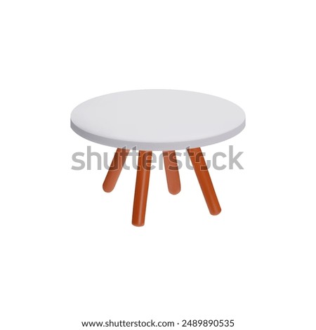 Empty wooden or plastic table with round white countertop 3D plastic style icon. Volumetric modern circle desk stand for office or home. Cartoon furniture interior design element isolated on white