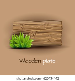 Empty wooden plate vector concept. Plank of wood realistic illustration in natural colors and pseudo 3d. Green grass included. 