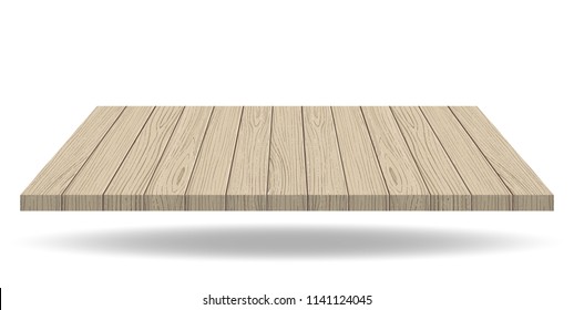 Empty wooden presentation board top on white background, display table with empty space. Vector illustration.