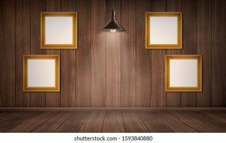 Empty wooden room with blank picture frames and ceiling lamp. Vector realistic interior with floor and wall of natural dark wood and hanging light bulb. Vintage design of house or gallery studio