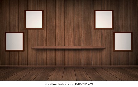 Empty wooden room with bookshelfes and blank picture frames. Vector realistic interior with floor and wall of natural dark wooden boards. Vintage design of house or gallery studio