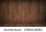 Empty wooden room. Vector realistic interior with floor and wall of natural dark wooden boards. Vintage design of house or studio indoor