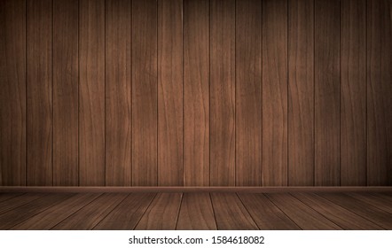 Empty wooden room. Vector realistic interior with floor and wall of natural dark wooden boards. Vintage design of house or studio indoor