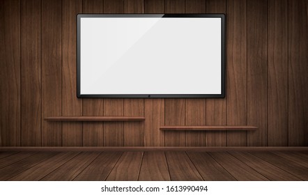 Empty wooden room with wide tv screen and bookshelves. Vector realistic blank lcd monitor panel on wooden wall. Interior design of house or studio indoor