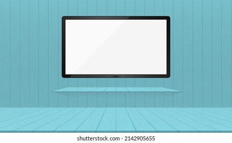 Empty wooden room with wide TV white blank flatscreen monitor mockup hanging on the wall and bookshelve.Vector illustration Icd monitor,oled,plasma on blue wooden wall.Interior design of Modern Studio