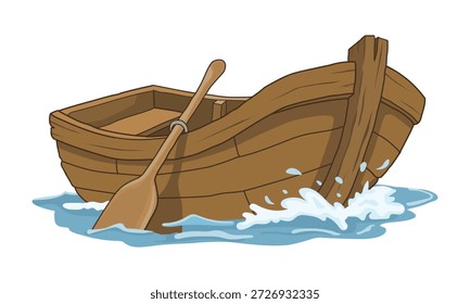 Leeres hölzernes Ruderboot mit auf dem Wasser schwimmendem Paddel