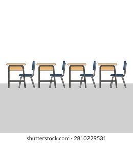 Empty wooden school desks and blue chairs in a row. Clean flat illustration of a row of empty school desks and chairs on a grey floor with a white background. Perfect for educational articles or classroom seating posters.