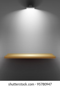 Leeres Holzregal an der Wand, beleuchtet durch Scheinwerfer.Teil des Sets. Vektorinnenraum.