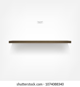 Empty wooden shelf on white background with soft shadow. Vector illustration.