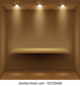 Empty wooden shelf in room, illuminated by searchlights. Part of set.  Vector interior.