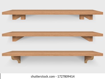 empty wooden shelf with wood mounting bracket isolated on white background, Vector Illustration