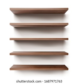 Empty wooden shelves on white wall. Vector realistic mockup of bookshelves in library, wood rack in store, brown timber planks for storage or exhibition in gallery