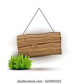 Empty wooden sign hanging on a rope. Juicy grass. Plank of wood realistic illustration in natural colors and pseudo 3d. Vector illustration.